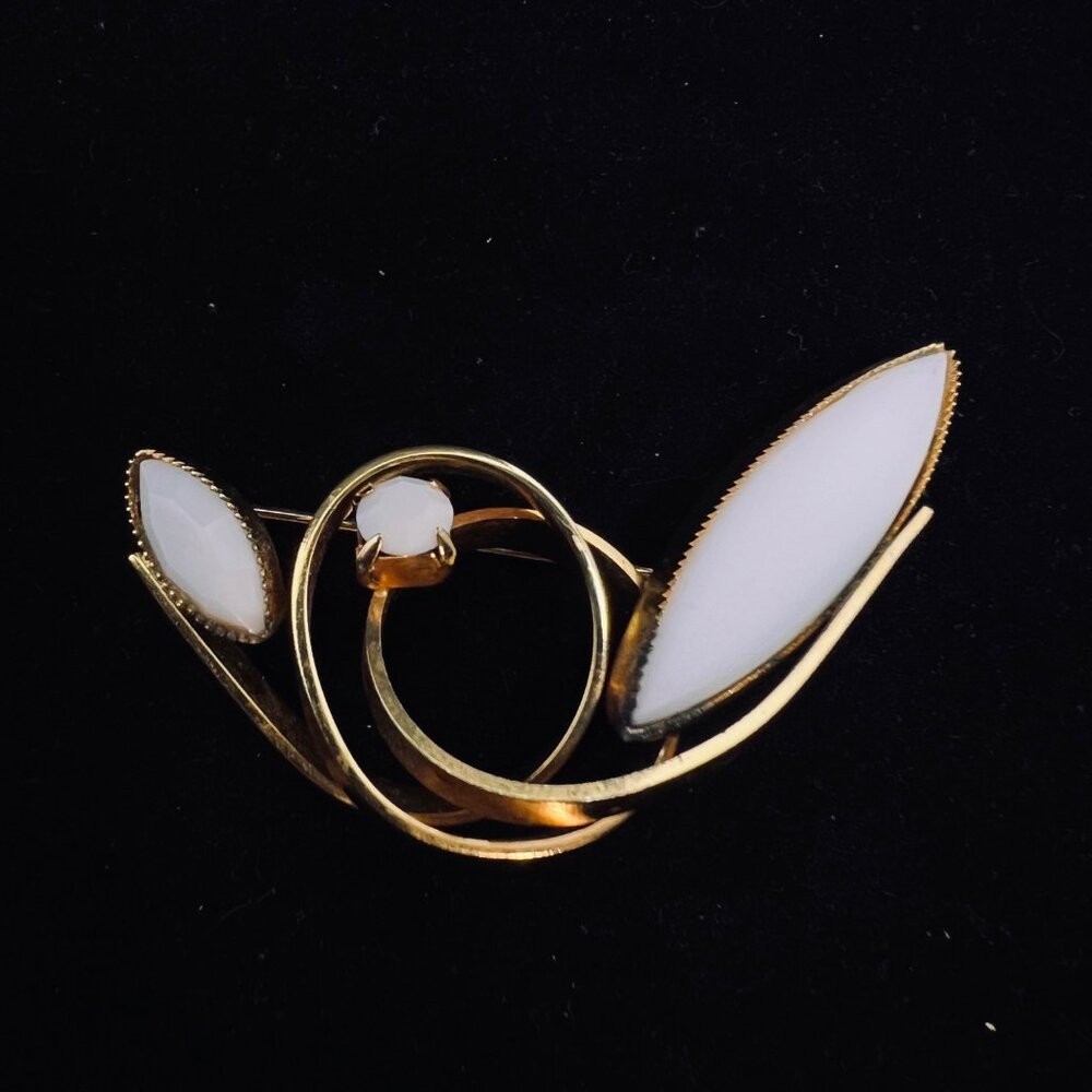 Vintage Gold Tone With White Milk Glass Cabochons Abstract Brooch (5182)